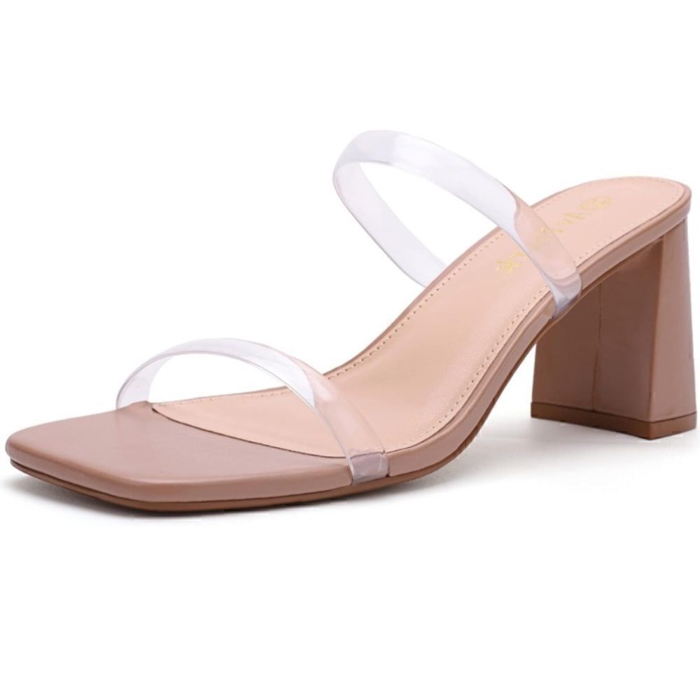 Avidirk Square Open Toe Backless Block Heeled Sandal- Double Clear Strap Slip On